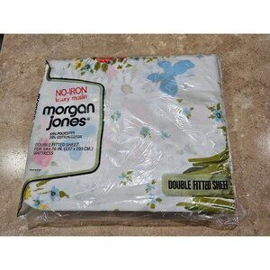 Vintage New‎ Morgan Jones Double Fitted Sheet "Bonnie Bouquet" Blue Butterflies